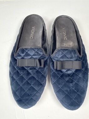 Vionic Quilted Velvet Bow Mules in Navy Blue